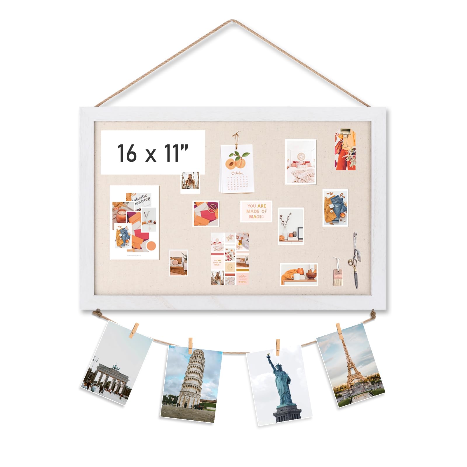 Emfogo Cork Board Vision Board, 16 "x11 " White Linen Cork Boards for Walls with White Frame, Pin Board Bulletin Board for Home Kitchen School Office Decor (Vintage White)