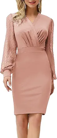 GRACE KARIN Women's Pencil Work Dresses Long Sleeve Wrap V Neck Bodycon Business Dress Elegant Cocktail Party Work