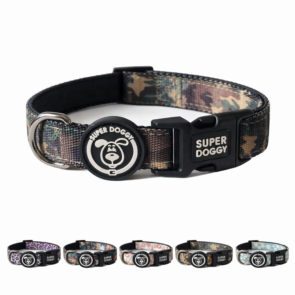 SUPER DOGGY Collar Perro Pequeño, Mediano y Grande - Collar Nylon Ajustable y Acolchado con Diseños de Moda - para Paseo, Entrenamiento y Correr - Ligero y Resistente (Camouflage, M)