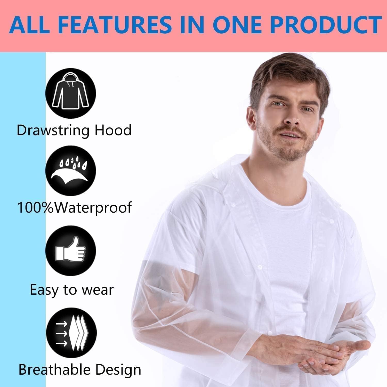 HACER EVA Rain Poncho rain coat for Men & Women, Lightweight Waterproof Raincoat with Hood, Adjustable Drawstring & Snap Button Closure, Reusable Outdoor Rainwear for Boys & Girls (Free Size, White) 1