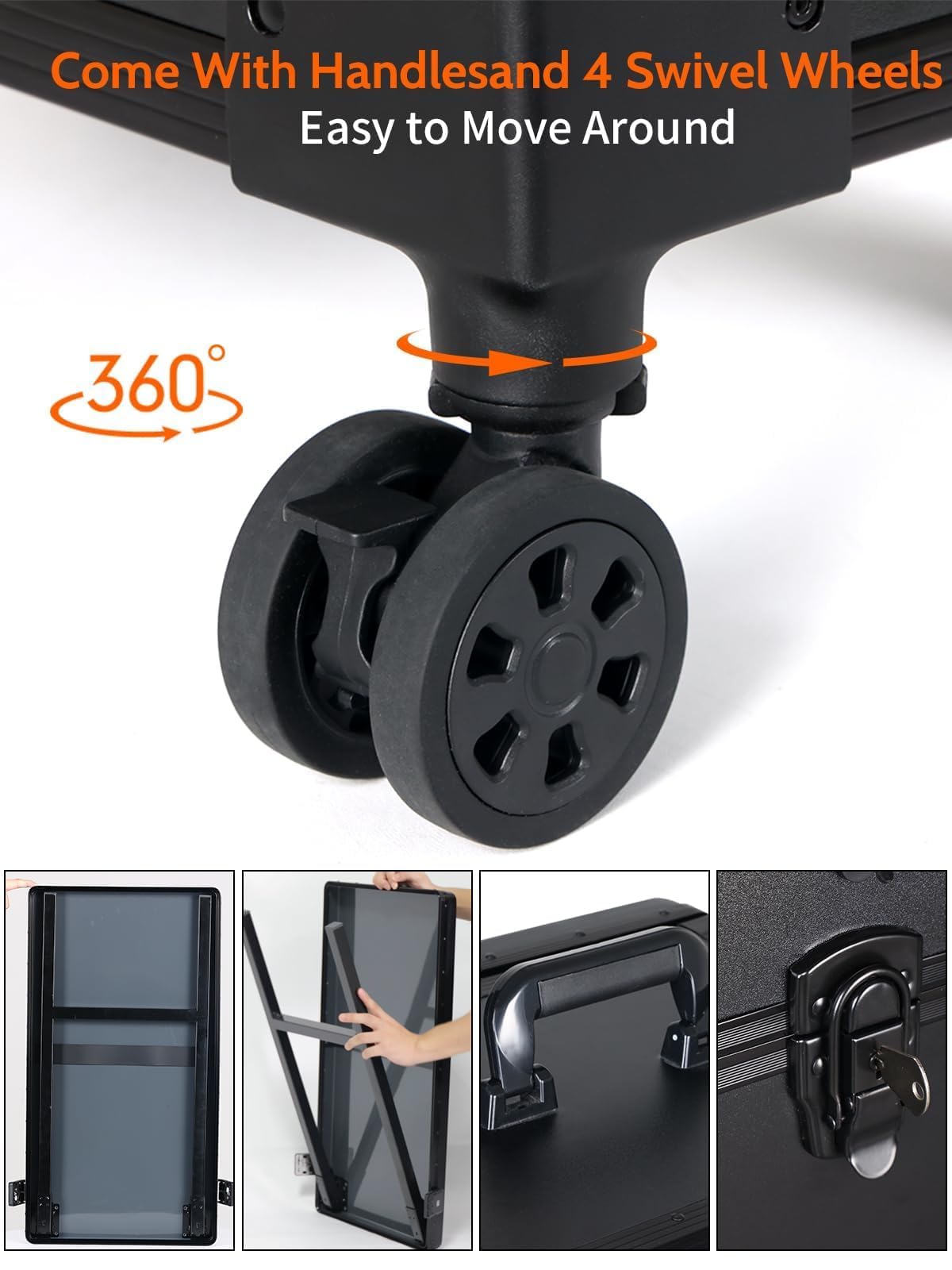 EBANKU Table Manucure Professionnelle à roulettes 360°, Table à Ongles Portable, Pliable, De Voyage, pour CosméTiques, avec Tiroirs, Miroir, Lecteur Bluetooth, Noir