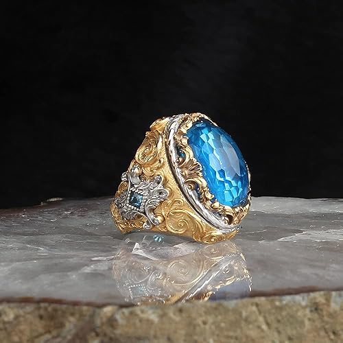 Anillo chapado en oro para hombre, plata de ley 925, topacio azul, piedras preciosas para hombres, anillos de joyería masculina, anillos para