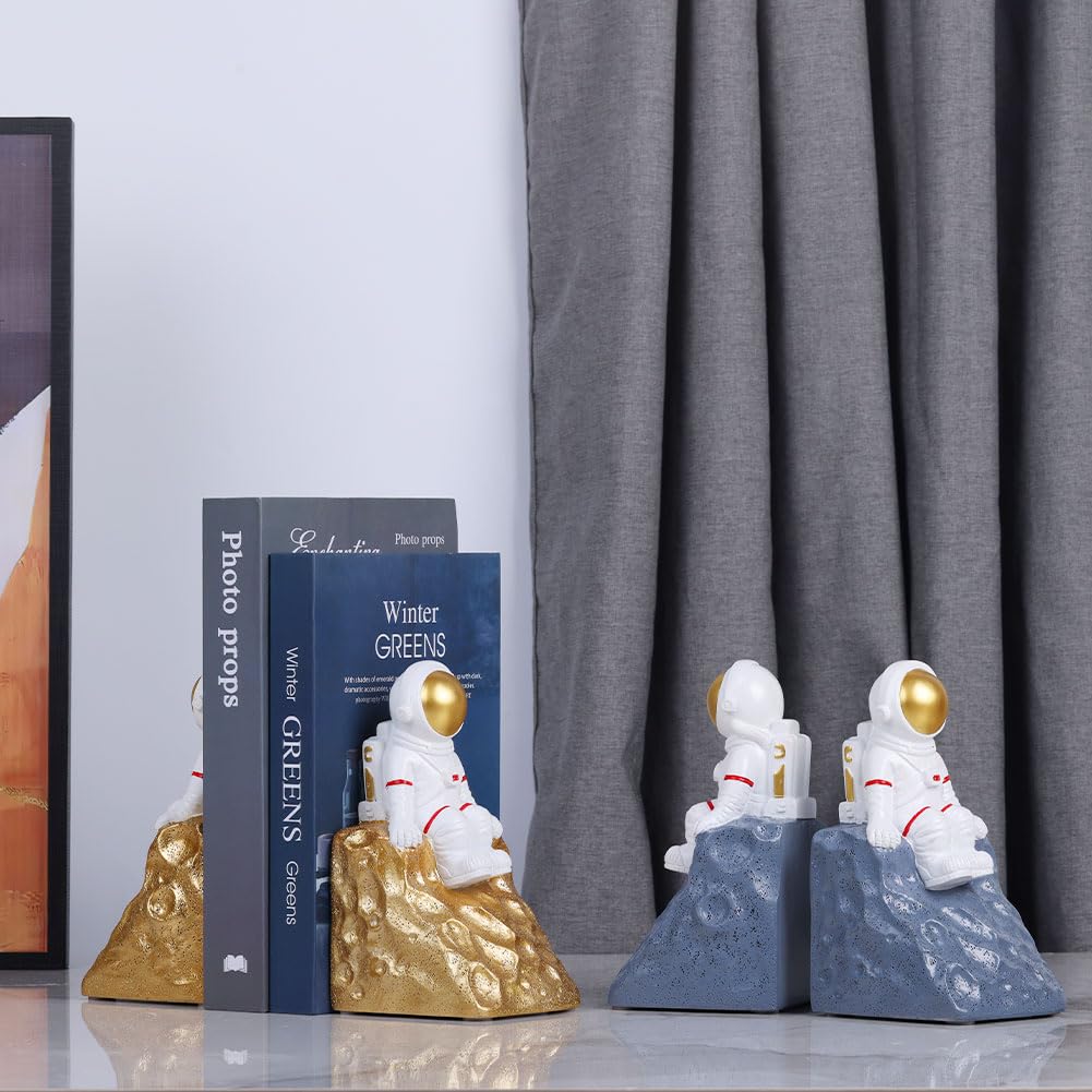 Juego de 2 sujetalibros de astronauta gris, resistentes con base antideslizante, sujetalibros de decoración espacial para habitaciones de niños, decoración de estanterías