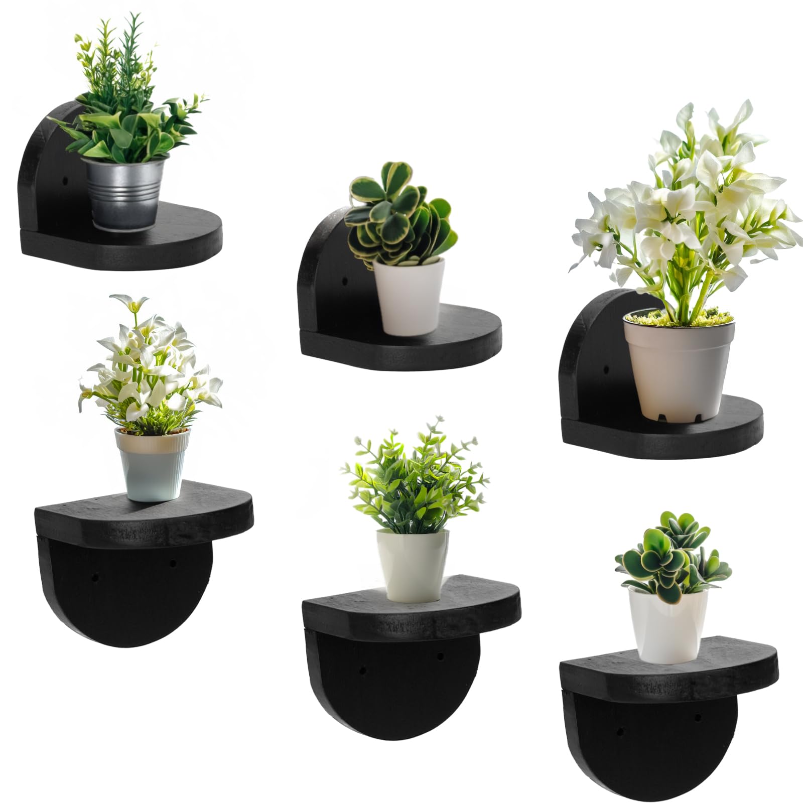 WIQARJ Small Floating Shelves, Wall Shelf Set of 6, Rustic Wood Small Wall Mounted Shelves for Bedroom, Living Room, Kitchen, Bathroom Decor (Black)