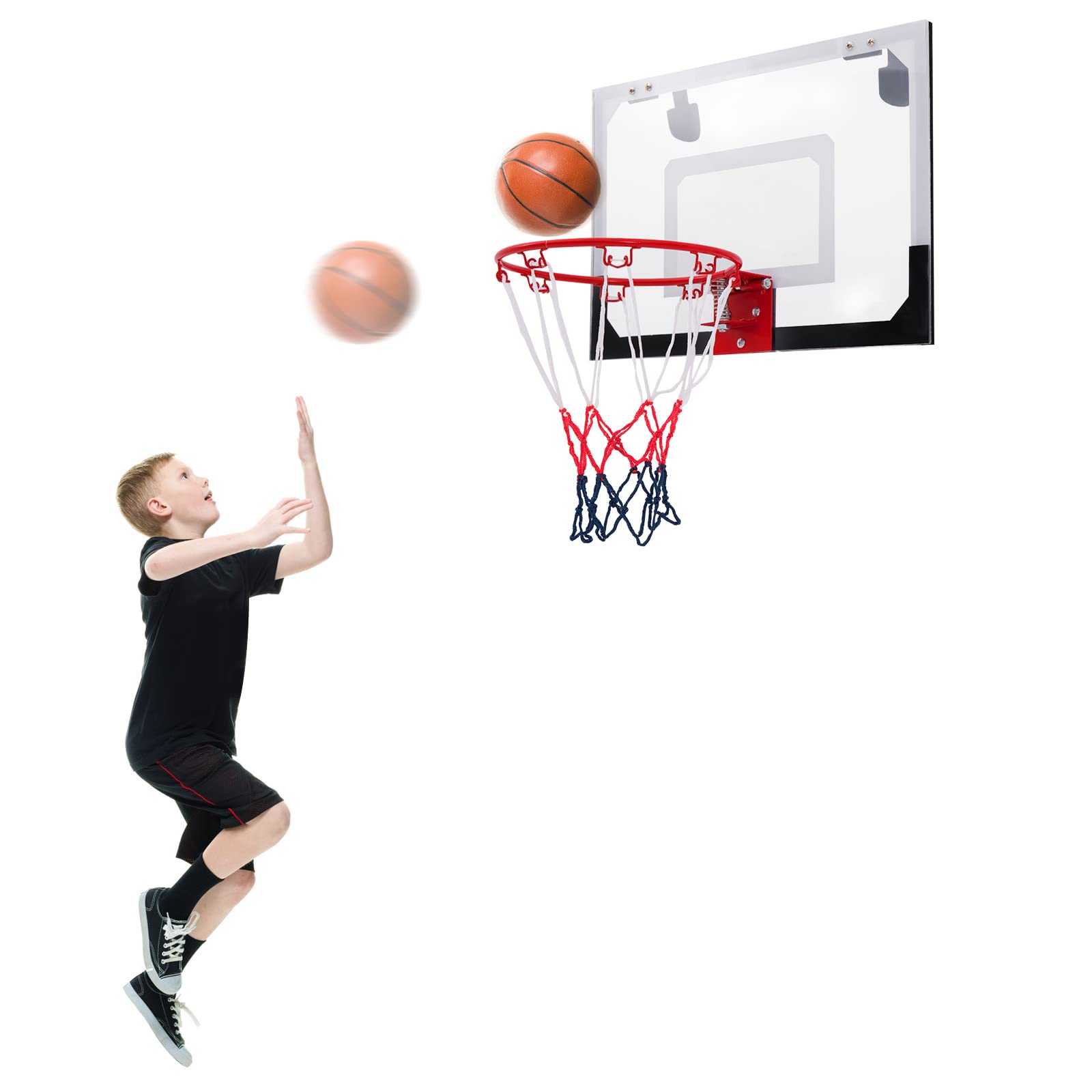 GYMAX Basket a Muro Trasparente, Tabellone da Basket in Plastica con Canestro, con Tabellone in PC Antirottura, Rete Resistente, con Canestro Diametro 23.5 cm, 45x30 cm