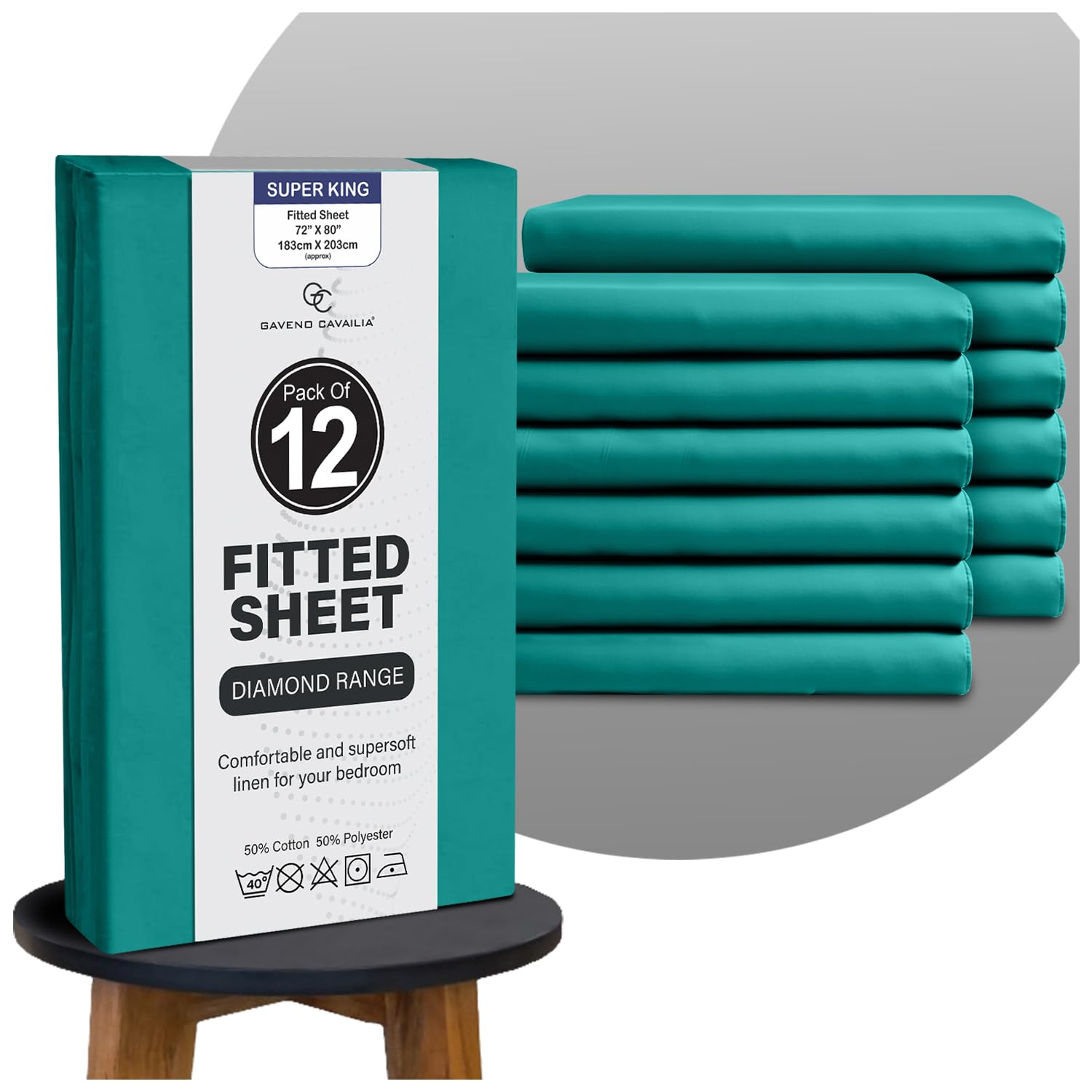 GC GAVENO CAVAILIA Breathable Lightweight Plain Dyed Super King Fitted Sheet Bedding, Luxury Polycotton Superking Fitted Sheet 12 Pack, Extra Deep Soft Elasticated Corner Bed Sheets (25 cm), Deep teal