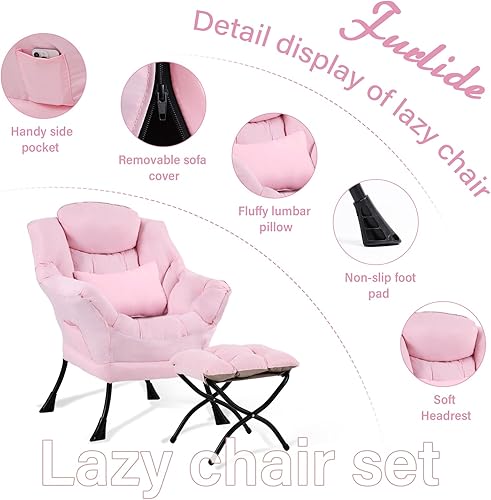 Miniatura 8 de Silla Lazy con otomana, moderna silla de estar con almohada lumbar, sillón de lectura acogedor y reposapiés plegable para dormitorio, sala de estar,