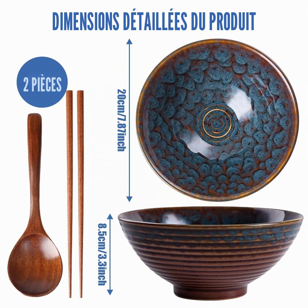 Lot de 2 bols à ramen en céramique 1200 ml avec baguettes et cuillère | Lot de 2 bols à ramen en céramique de 1200 ml avec baguettes et cuillères, parfaits pour ramen, soupe, salade et poke bowls.