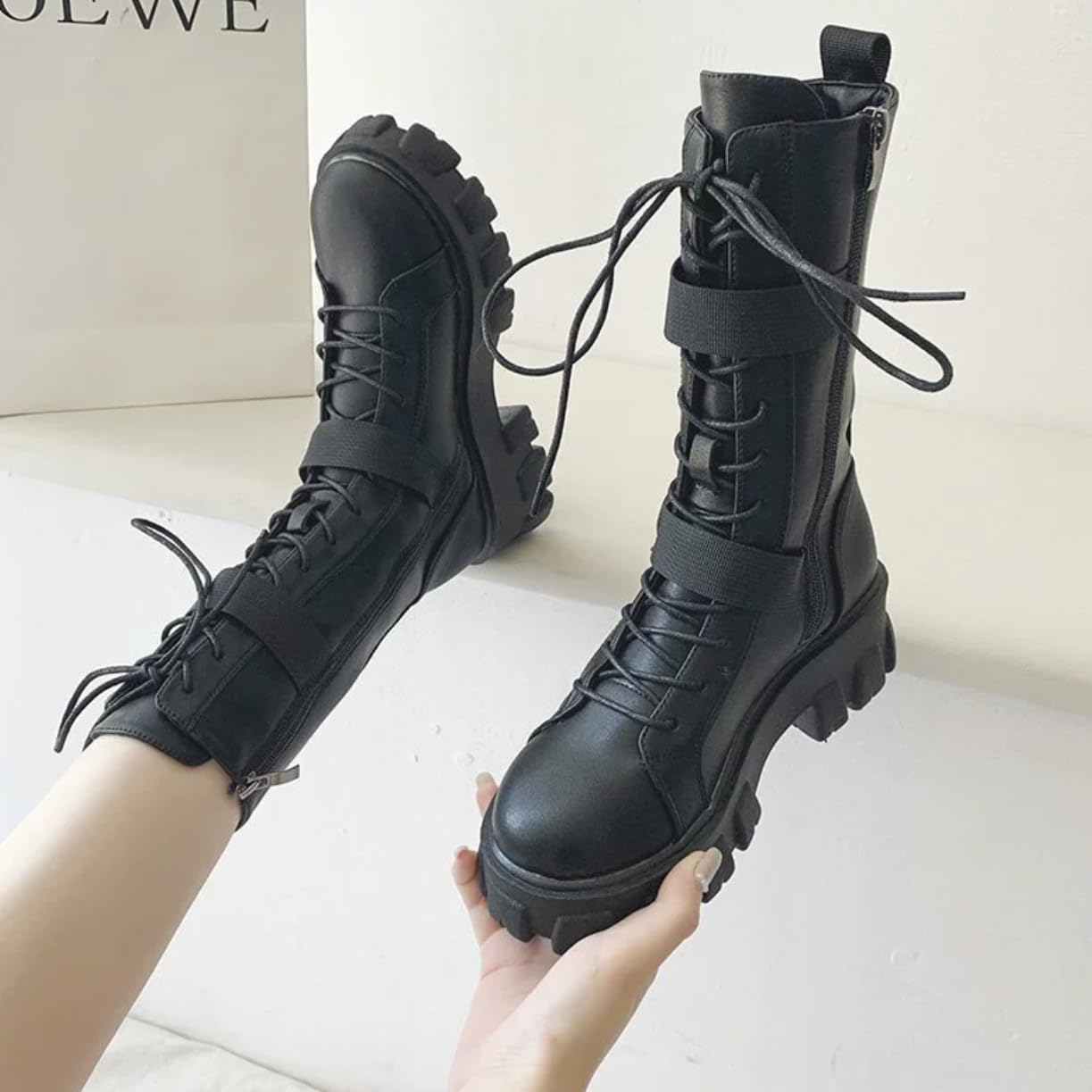 Damen Goth Plattform Stiefeletten Schnallen Chunky Block Keil Seite Reißverschluss Heels Runde Zehe Punk Motorrad Bequeme Kurze Gothic Booties High Heel Lace Up Studded Stacked