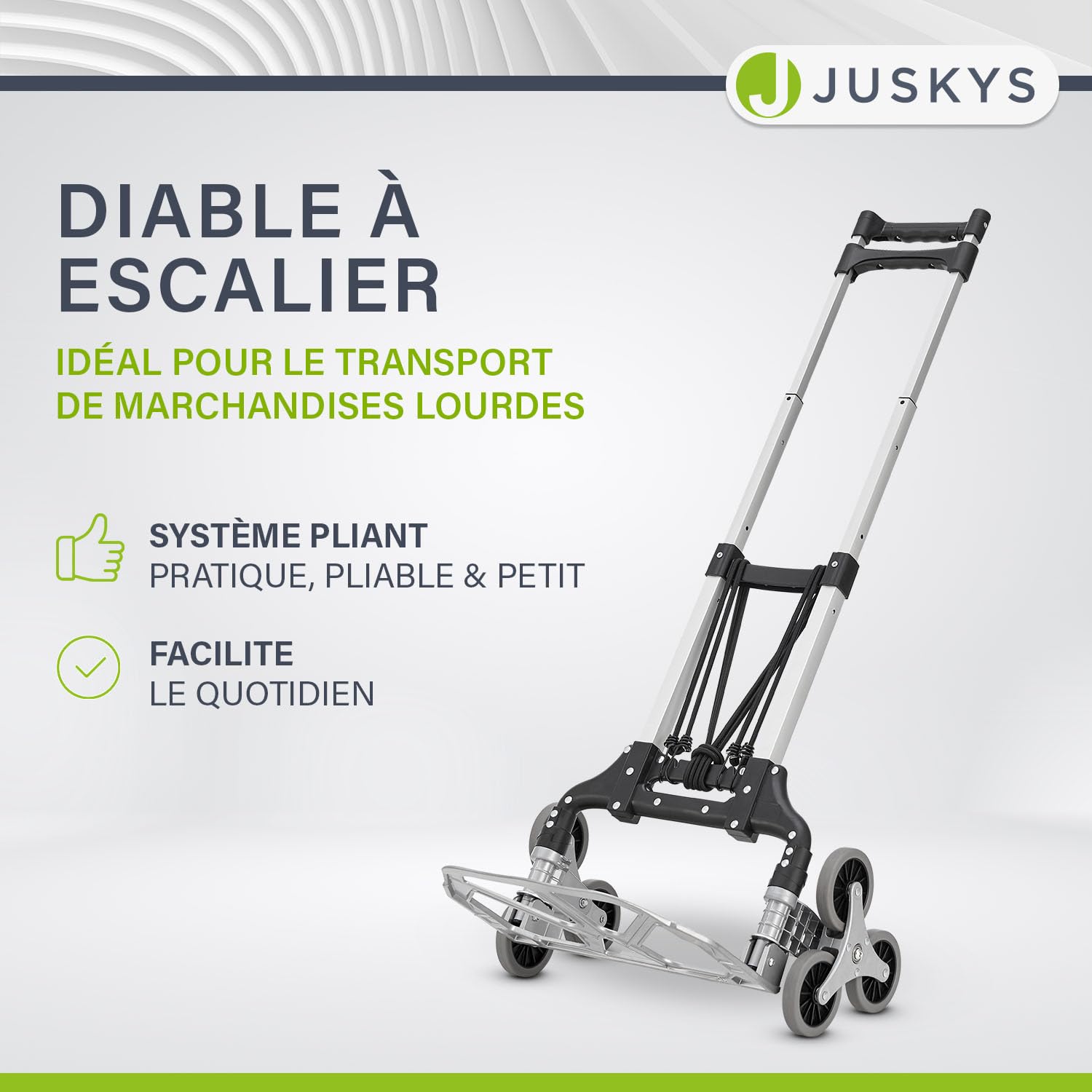 Juskys Diable Monte-escalier Pliable & supportant jusqu'à 80 kg - Mini-Diable en Aluminium pour escaliers - avec Gants & Cordes Extensibles - Petit Monte-escalier