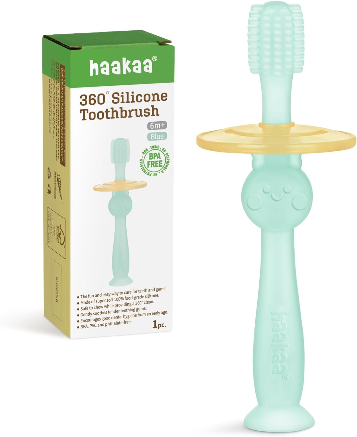 360° Baby Toothbrush with Suction Base - Gentle Cleaning for Toddler's Self-Brushing Training, Food-Grade Silicone, Adjustable Safety Shield - Blue (1 Piece)