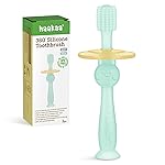 haakaa 360 Baby Toothbrush with Suction Base - Gentle Cleaning for Toddler\'s Self-Brushing Training, Food-Grade Silicone, Adjustable Safety Shield - Blue (1 Piece)