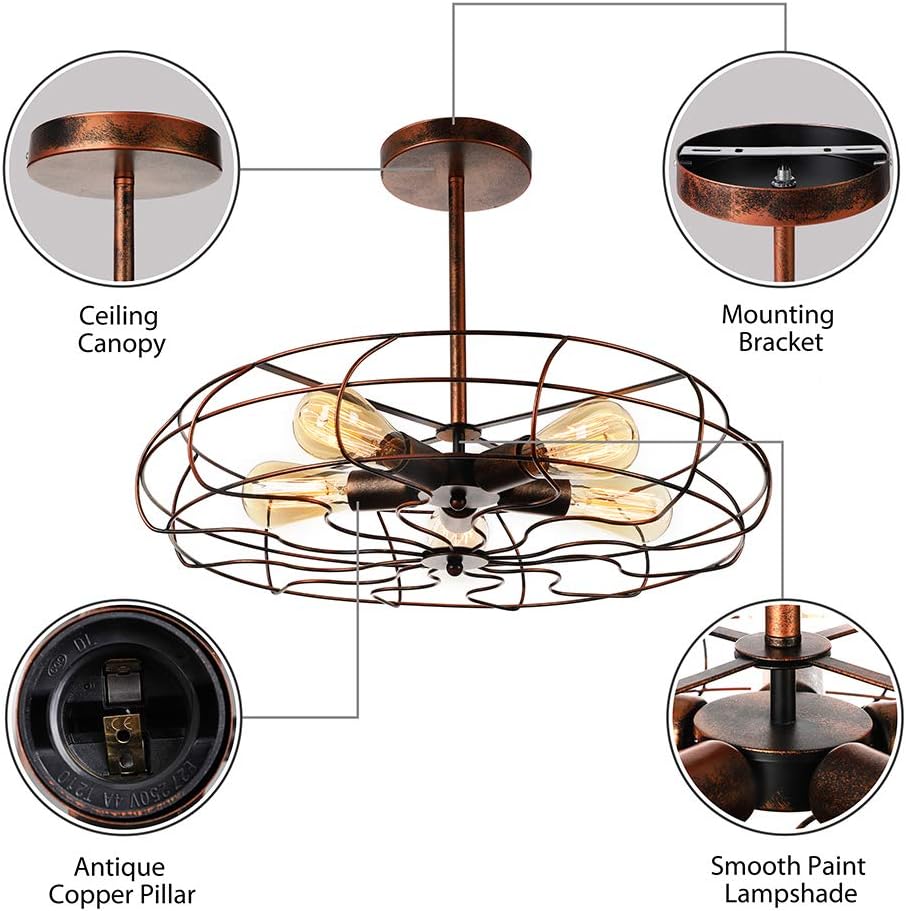Semi Flush Mount Ceiling Light - BAYCHEER Vintage Pendant Lights Industrial Chandelier Black Metal Cage Hanging Fixture with 5 E26 Bulb Base for Hallway,Restaurant,Warehouse,Barn,Living Room,Rust