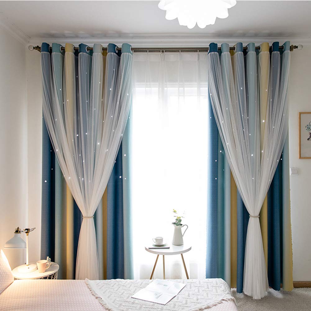 Rideau occultant broderie isolant thermique bleu 200x270 pour chambre