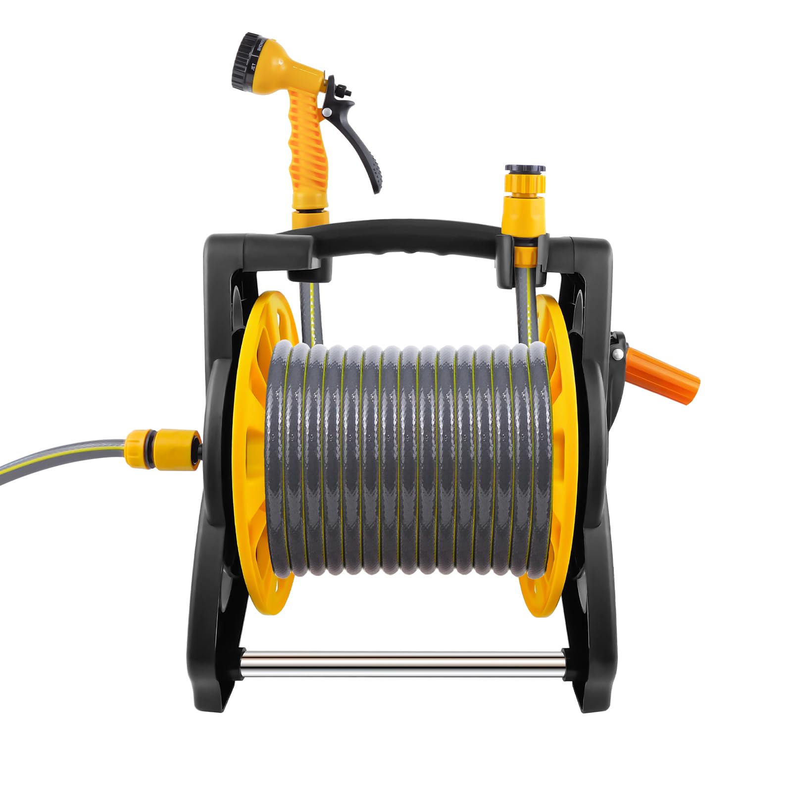 Garden Hose Reel 25M Hose Free Standing Garden Hose Holder Complete with 7 Adjustable Modes Spray Gun, Direct Spray Gun and Fittings, Robust Frame for Stability, Compact Hose Reel Flexibility Use
