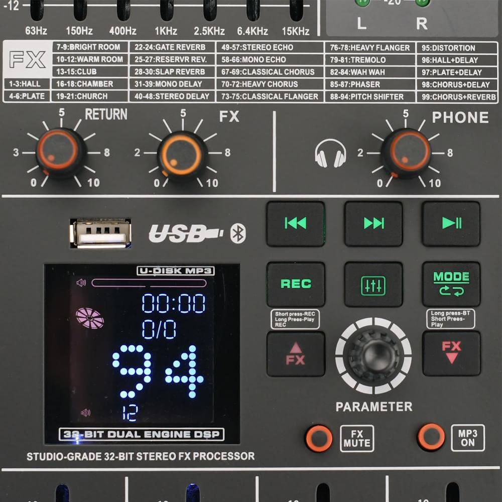 Attrezzatura per DJ per Feste ADM-TX104 10 Canali grafici a 7 Bande Eq 99 DSP Effetti USB Play And Record 2 Aux Mixer Audio Bluetooth Professioan
