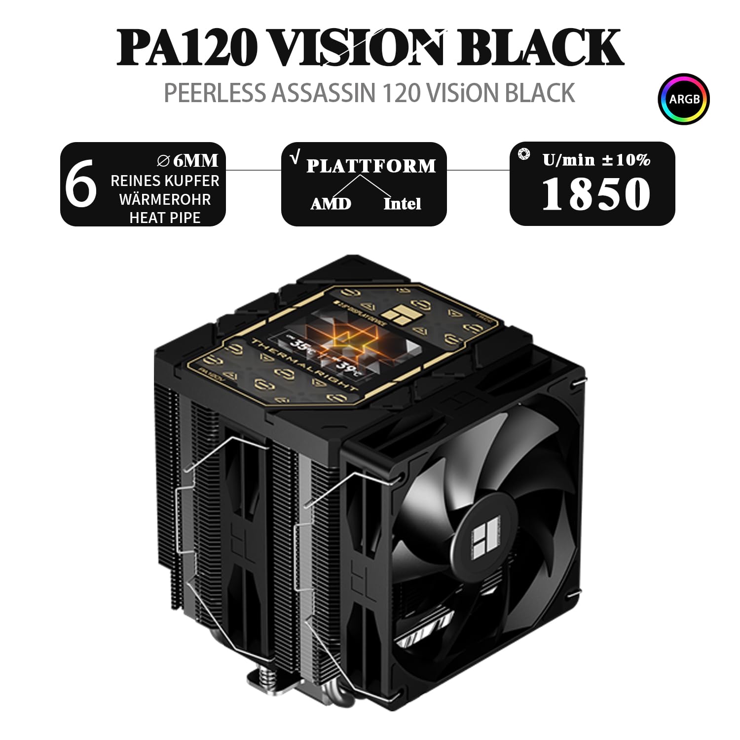 TR-Thermalright Peerless Assassin 120 Vision Black CPU, Dual-Tower z 6 rurami cieplnymi i wyświetlaczem IPS 2,8", 2 x wentylator PWM, kompatybilny z AMD AM5/AM4 i Intel LGA1851/1700/1150/1151/1200