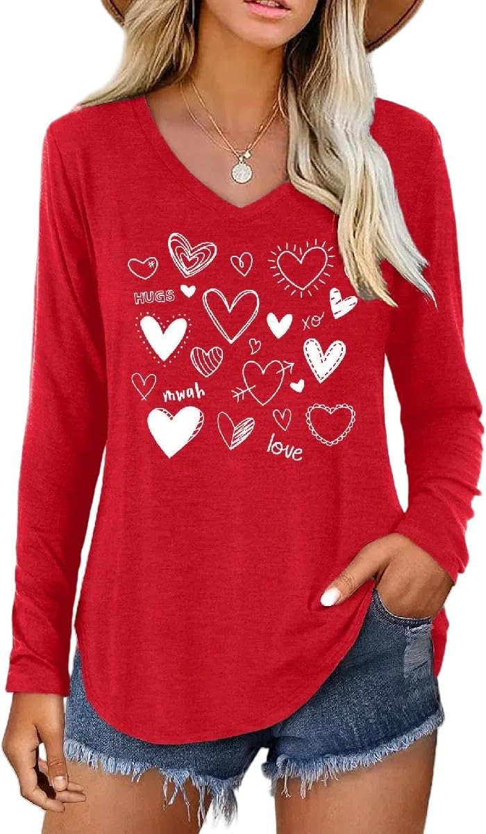 Women's Valentine V Neck T Shirt Love Heart Graphic Tee Lovers Long Sleeve Shirt Casual Couple Tops Blouses