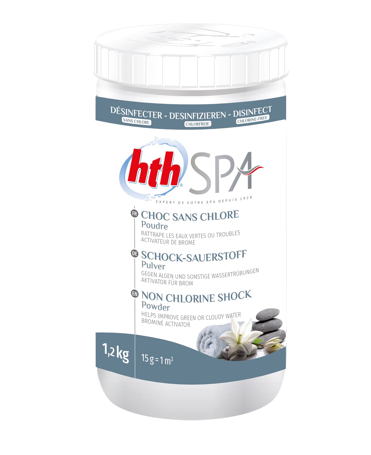 HTH Spa Choc sans Chlore Poudre - 1,2kg | Oxygène Actif Choc - Activateur de Brome - Désinfection Choc sans Chlore - Dissolution Rapide + 10 Tests HPS OFFERTS 6 en 1