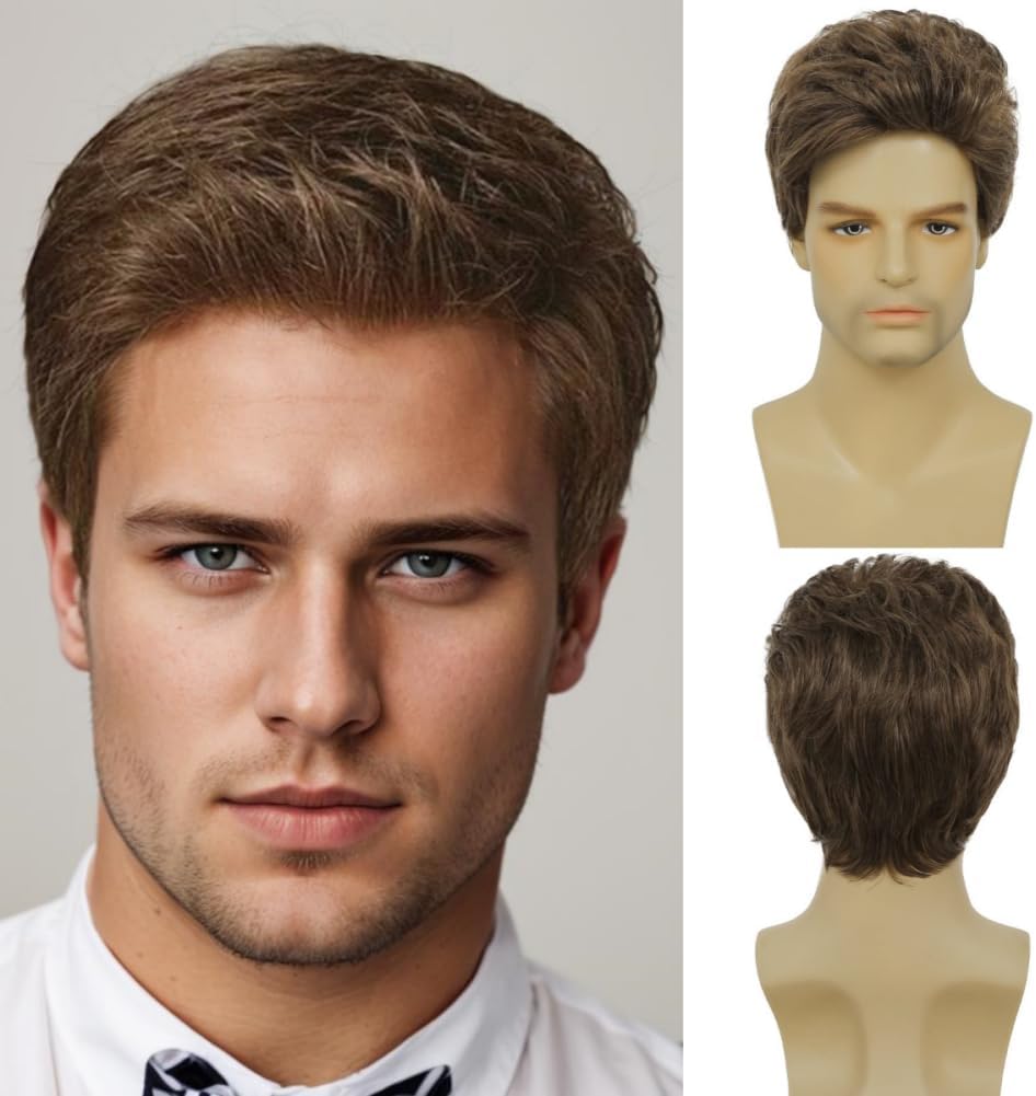 Mens Short Brown Wig Layered Synthetic Reality Hair 80s Costume Wigs Daily Replacement Wig for Male Guy (Brown)