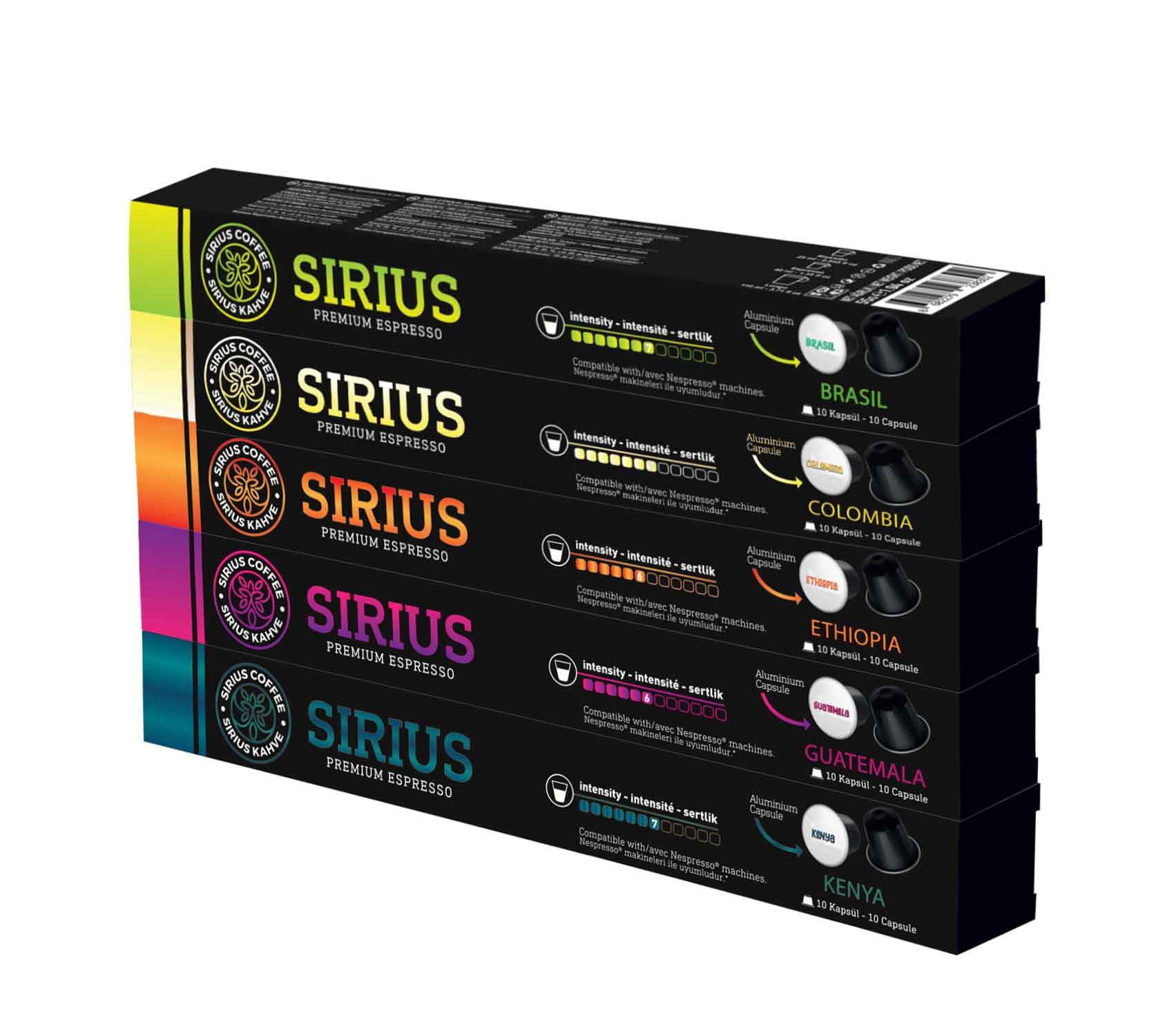 Sirius Nespresso Uyumlu Kapsül Kahve Ethiopia,Colombia,Guatemala,Kenya,Brasil (Nespresso Uyumlu) 5li Set (50 Kapsül)