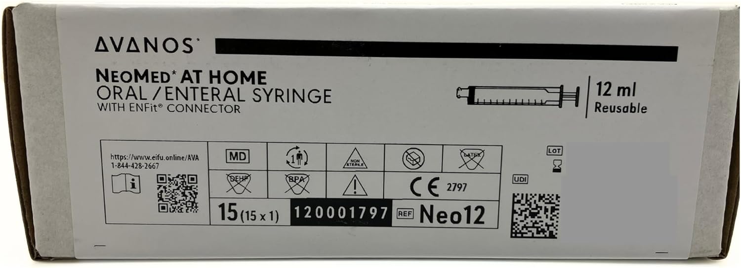 NeoMed at Home 12mL ENFit Reusable Syringe - 15 Count, Non-Sterile, Plastic, Rubber - 300 Uses per Box - Easy Glide O-Ring Plunger - Reduces Misconnections