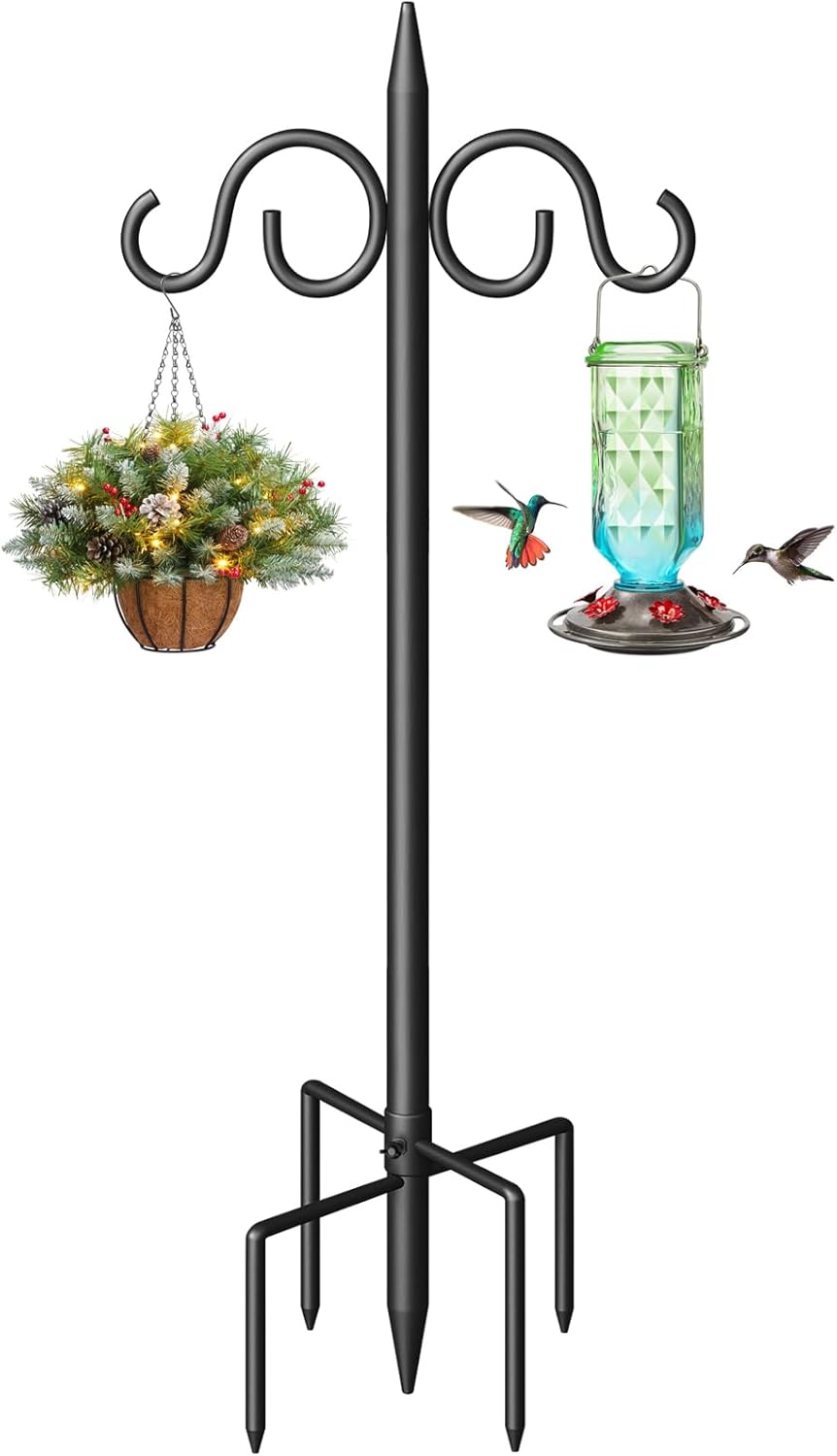 Double Shepherds Hooks for Outdoor, 92 Inch Heavy Duty Bird Feeder Pole with 5 Prongs Base, Adjustable Shepherds Hook for Bird Feeder, Garden, Weddings, Hanging Plant, 2 Pack