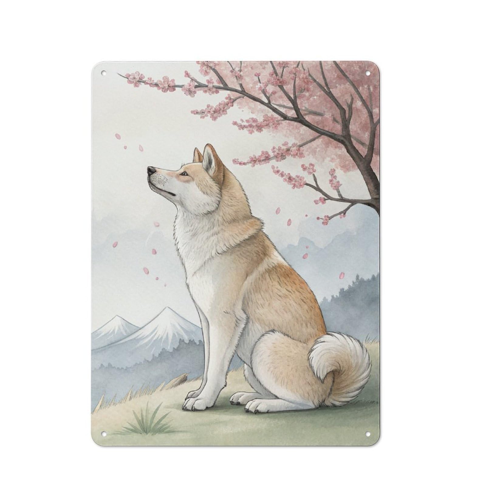 Junmoney Style-18 Akita Dog Under Cherry Blossoms Garden Room Metal Sign 40X30cm, Vintage Shed Wall Decor For Conservatory, Home Bar Or Utility Room