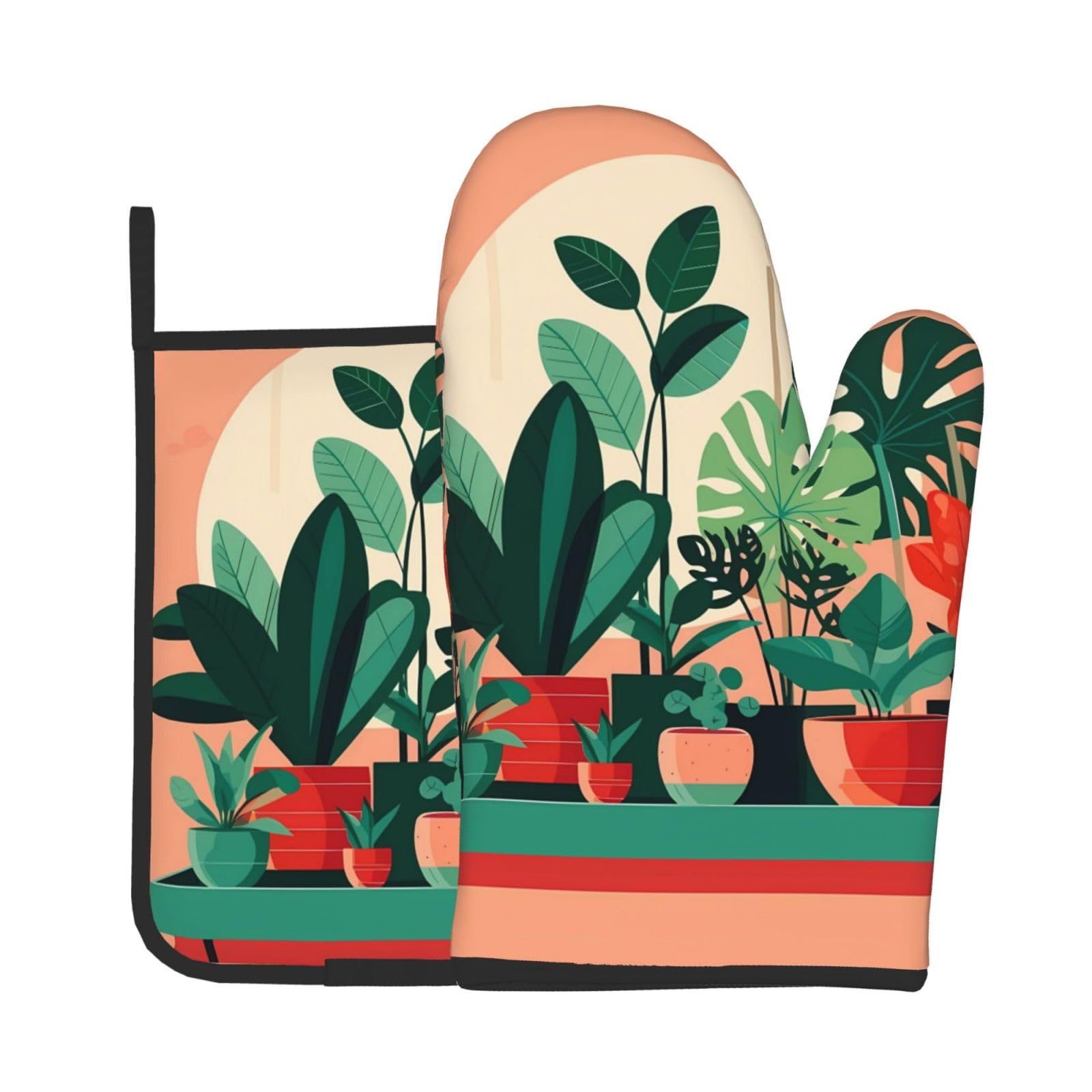 Oven Mitts and Potholders Set of 2 for Kitchen Baking Cooking GrayIndoor Potted Green Plants Thick and Durable