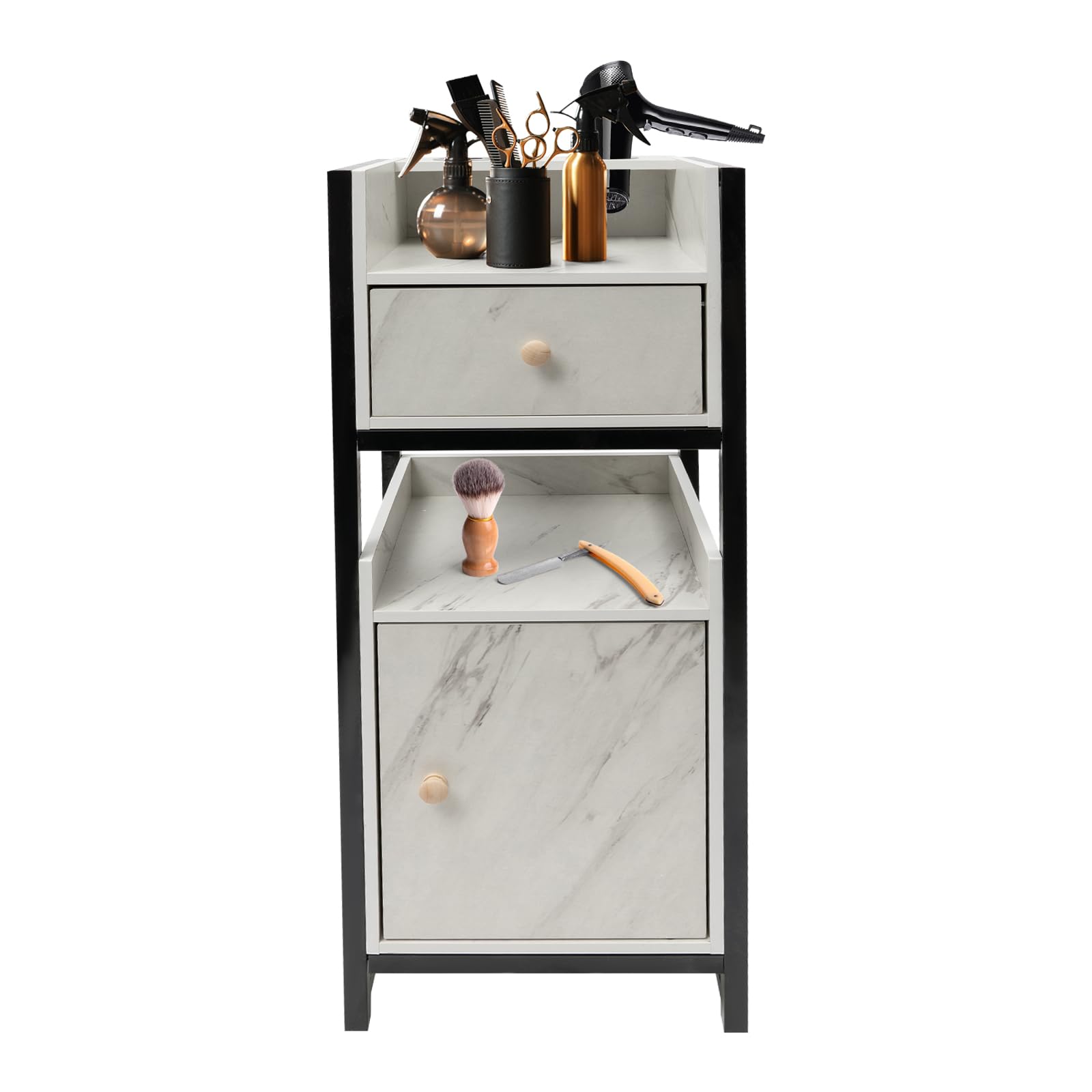 Chariot de rangement pour barbier, table d'appoint avec 2 étagères et porte-sèche-cheveux, armoire de rangement et tiroir, pour coiffeurs, manucures, magasins, salons de massage 34 x 30 x 85 cm