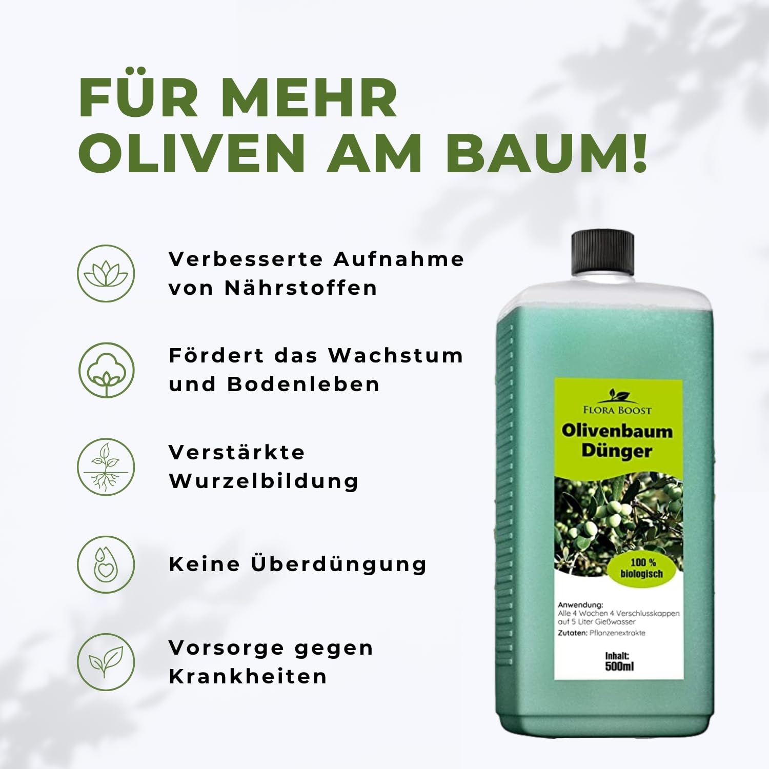 Flora Boost Olivenbaum Dünger Flora Boost 500ml I Für bis zu 100L Gießwasser I Langzeitdünger für verbesserte Blütenbildung I Flüssiger Blatt- & Wurzeldünger I 100% natürlicher Pflanzendünger
