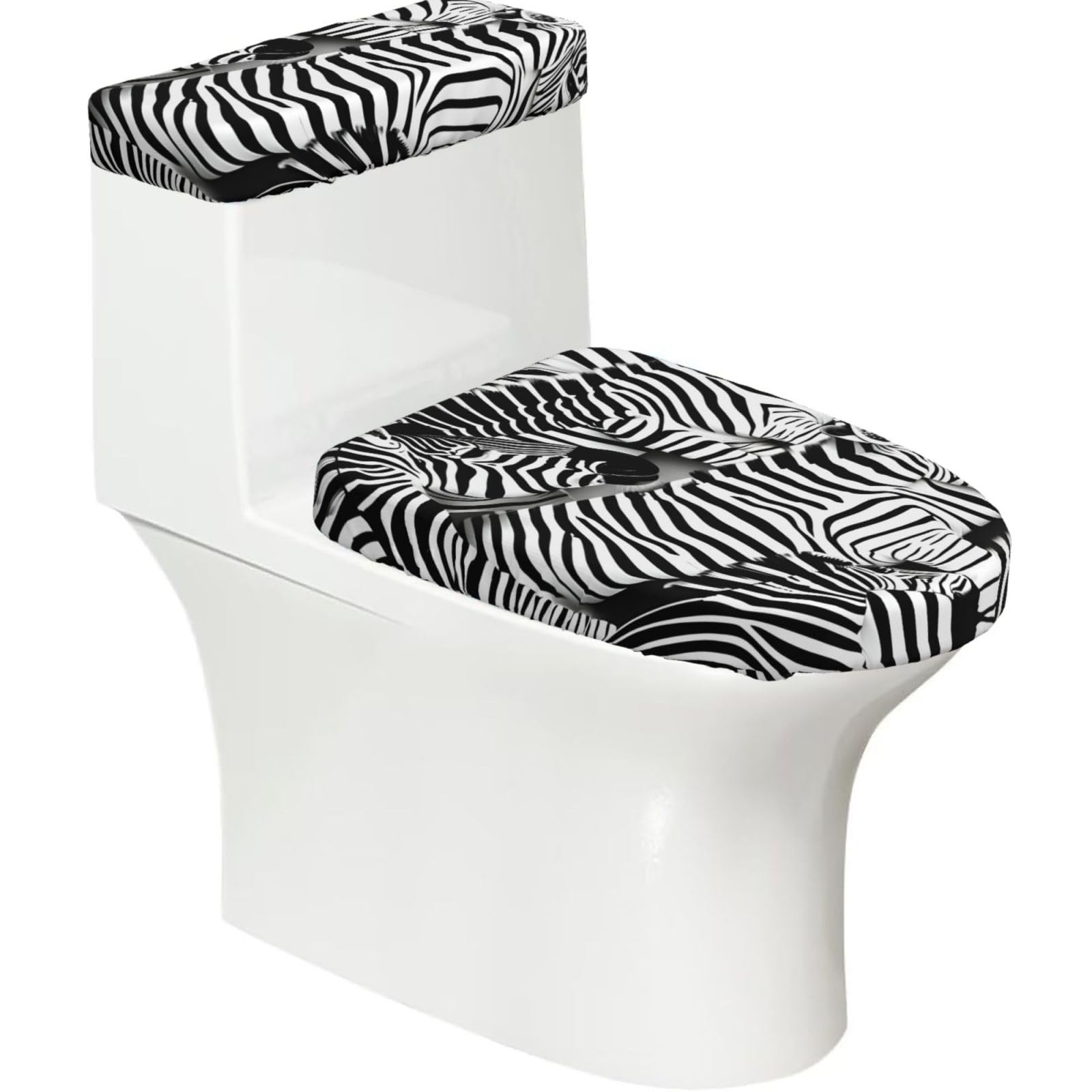 Zebra Printed Toilet Tank and Lid Cover Set of 2 for Most Bathrooms, Fits Elongated Round Toilets