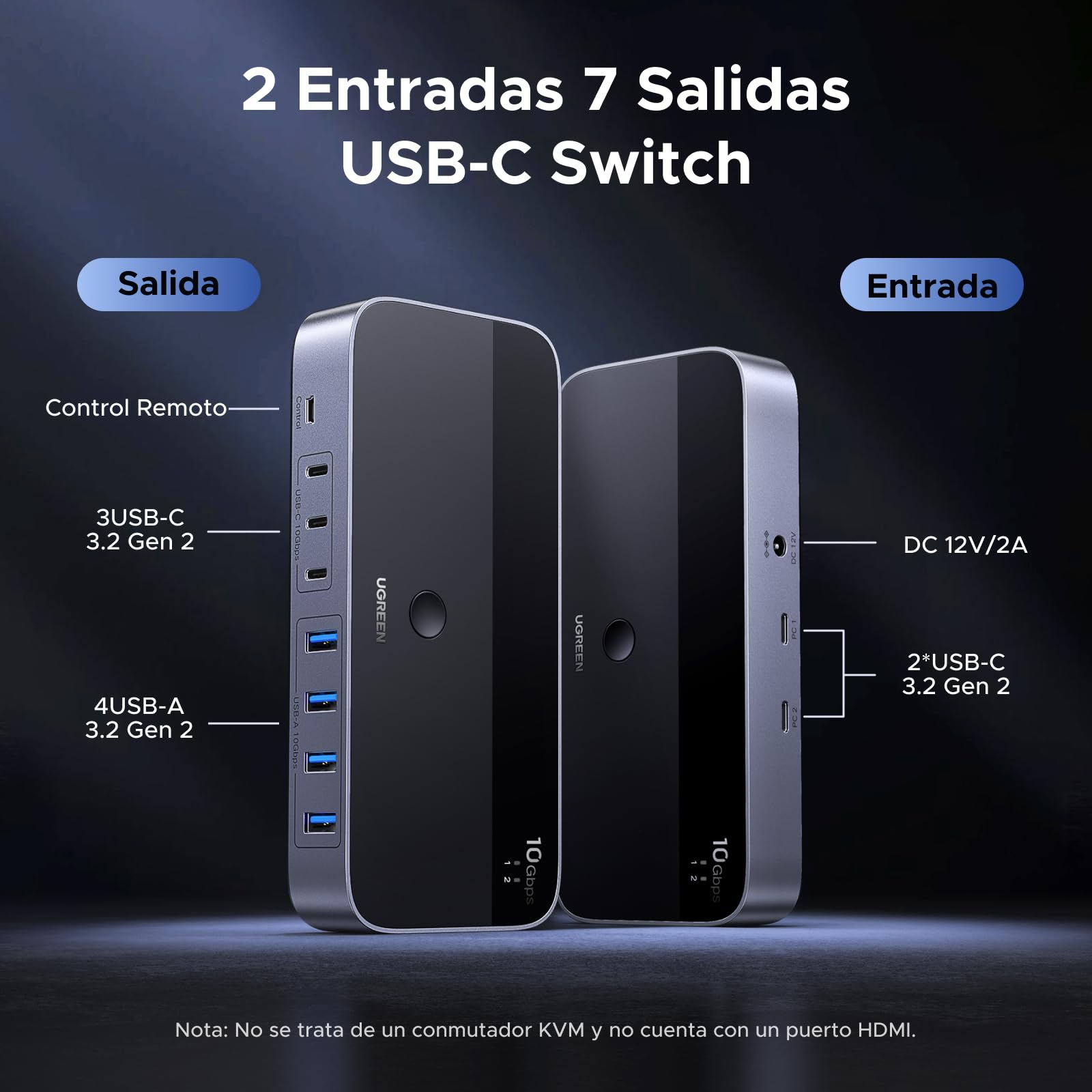 UGREEN Switch USB C 3.2 10 Gbps Conmutador KVM 2 Entradas de PC Comparten 7 Dispositivos USB (4A3C) para Teclado Ratón Disco Duro Impresora Escáner y Micrófono con Adaptador de Corriente DC 12 V