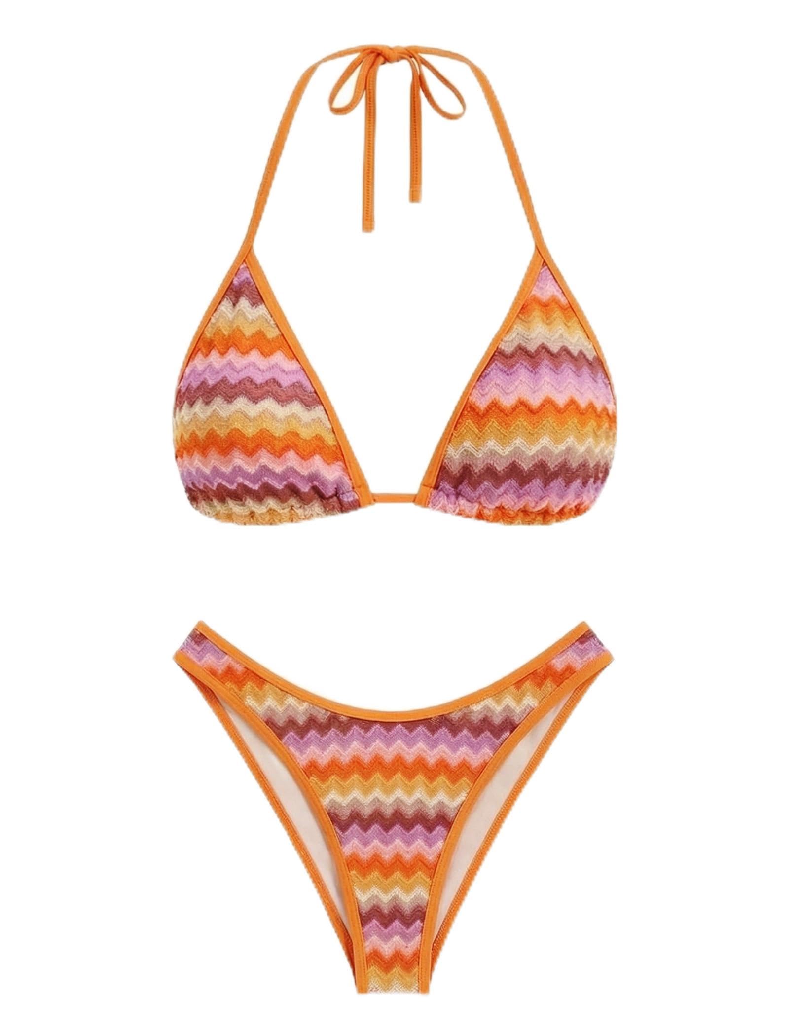 seamoly Womens Bikini Sets Halter Neck Crochet Colorblock Two Piece Swimsuits Open Back Sexy High Cut Thong Bathing