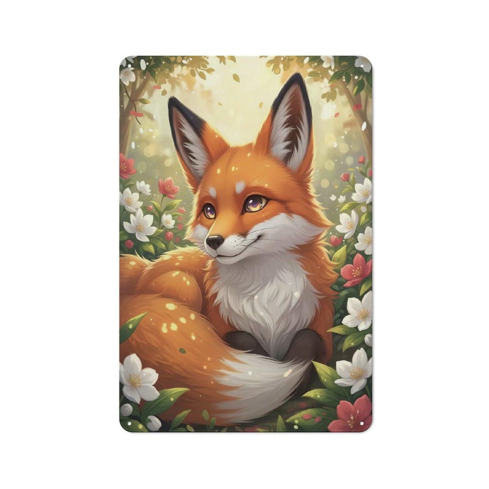 Junmoney Style-15 Fox In A Floral Meadow Rustic Metal Plaque 30X20cm For Living Room Or Hallway, For Garage, Workshop And Man Cave Decoration