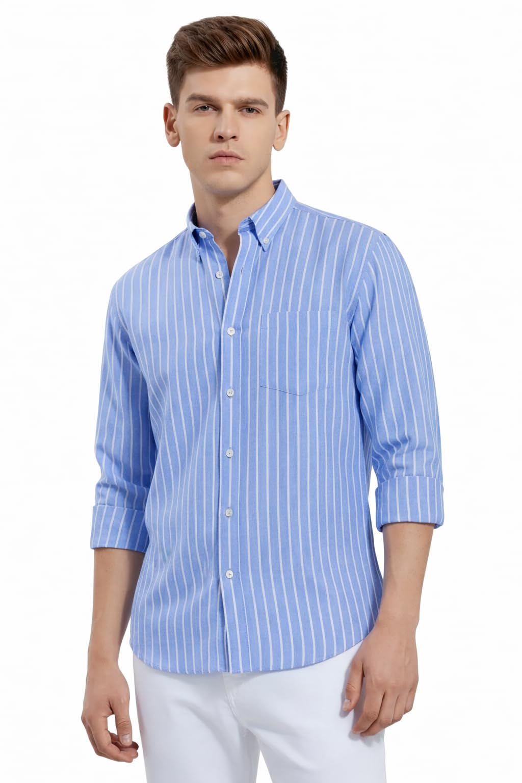 fashionez Men’s Premium Cotton Blue Striped Shirt | Slim Fit Full Sleeve Casual & Formal Wear | Lightweight Breathable Summer Shirt for Men | Stylish Button Down Top-picture-17