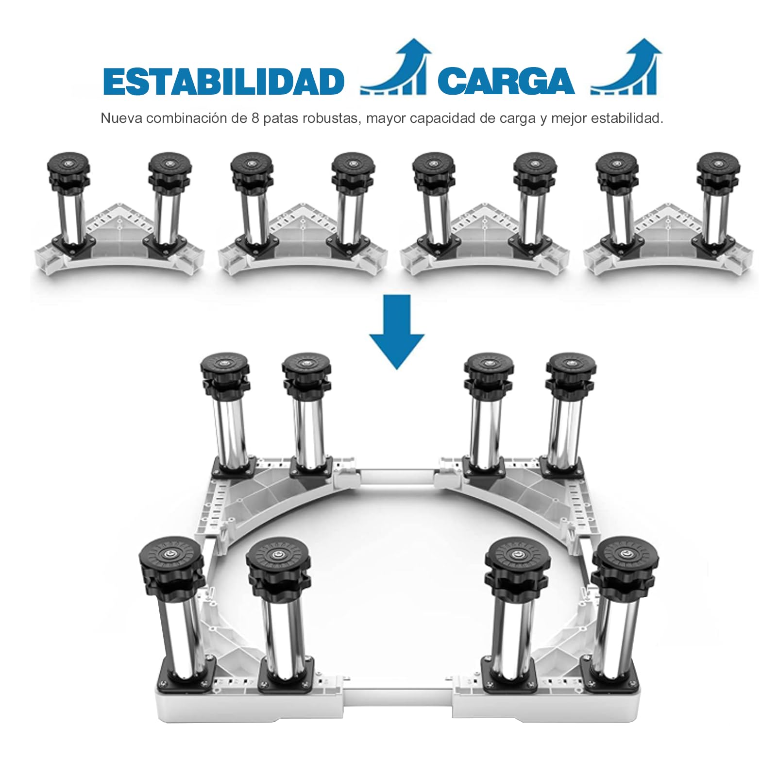 DEWEL Base de la Lavadora de 8 Pies, Carga de 500 kg, Base de la Lavadora del Refrigerador Ajustable, Secadora y Congelador, Longitud Ajustable 43 - 57 cm, Altura 18 - 20 cm, Tubería Cuadrada