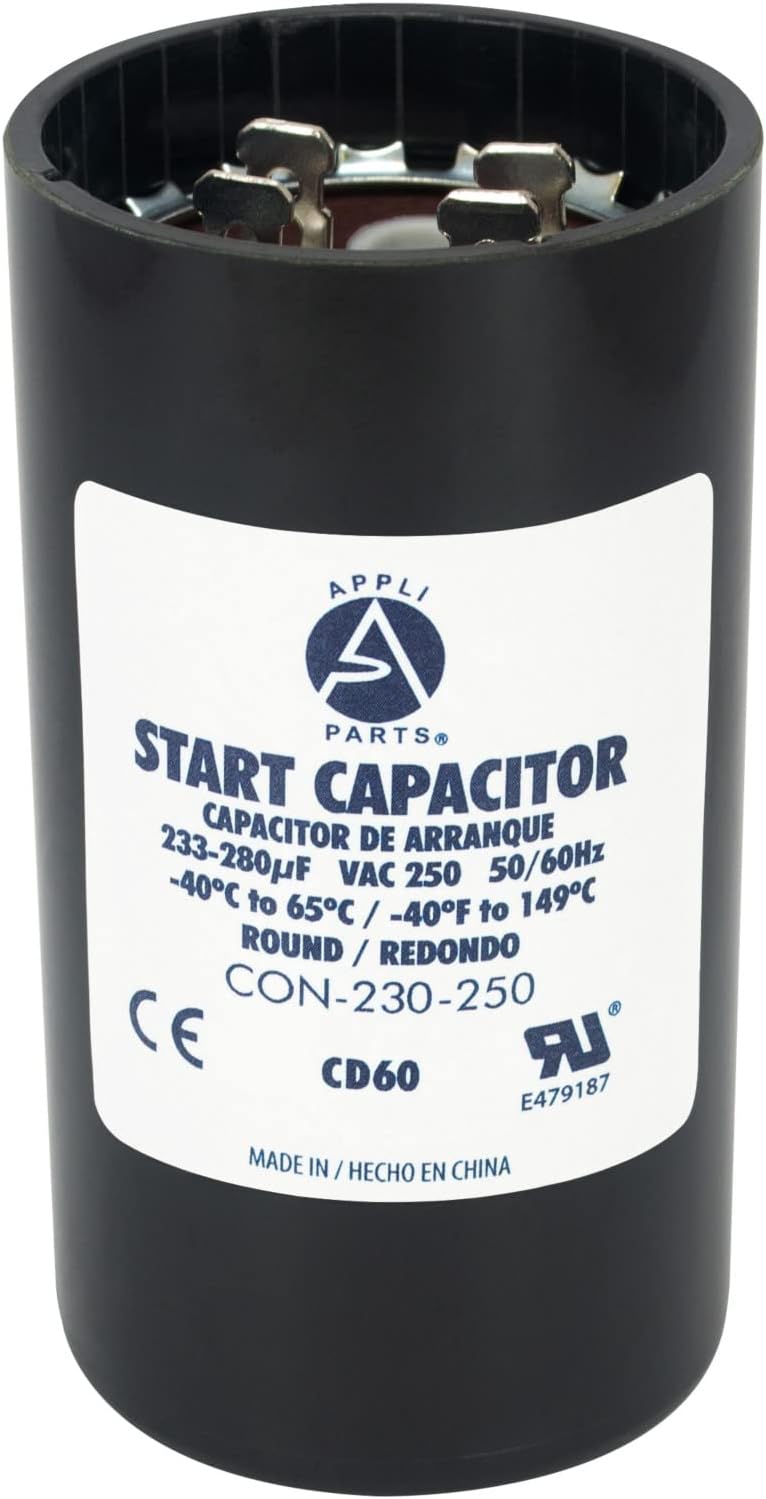 Appli Parts engine start capacitor 233-280 Mfd (microfarads) uF 250VAC universal fit for electric motor applications 1-3/4" Wide 3-3/8" Height CON-233-250