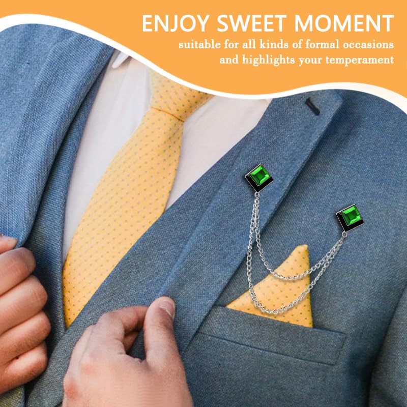 Image of Gem Brooch Pins Hanging Chain Lapel Pin for Men Suits Shirt Collar Brooch Square Crystal Brooch Pin Rhinestone Lapel Pins for Men Tassel Chain Brooch Collar Pins Business Suit Shirt Accessories