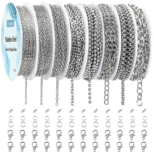 Ecoofor Necklace Chains for Jewelry Making 62.3 Feet 8 Rolls 304 Stainless Steel Jewelry Chains for DIY Necklace Bracelet Jewelry Making with Stainless Steel Jump Rings/Lobster Clasps/Connectors