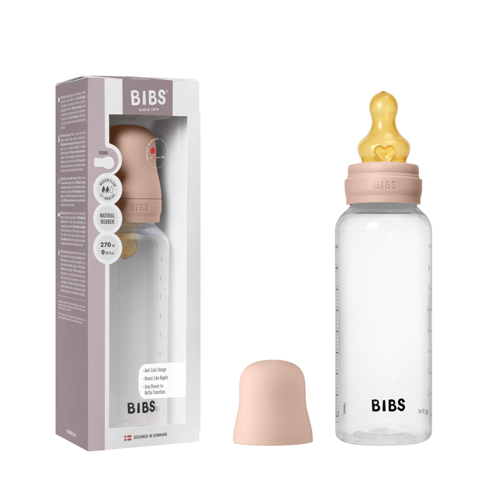 Biberon Baby BIBS 270 ml - Tettarella in lattice di gomma naturale - Anti-​coliche, senza BPA, tettarella tonda, flusso medio, leggero e facile da pulire, per neonati 0+ anni - Blush