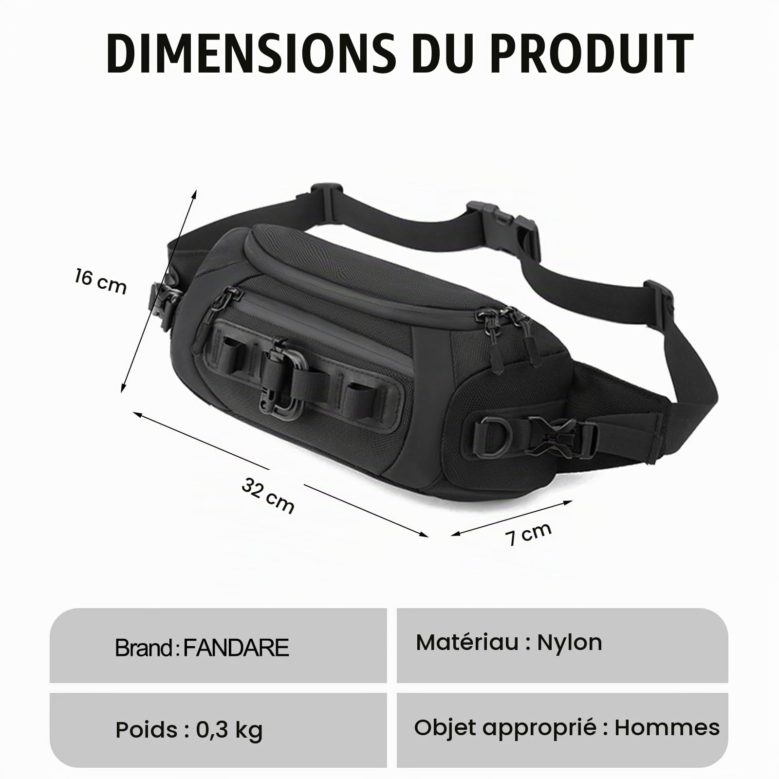 FANDARE Sac Banane Poitrine Sport Bandoulière à Dos Porté Travers Homme Femme Randonnée Taille Ceinture Course Nylon Sacoche Cyclisme Épaule Noir