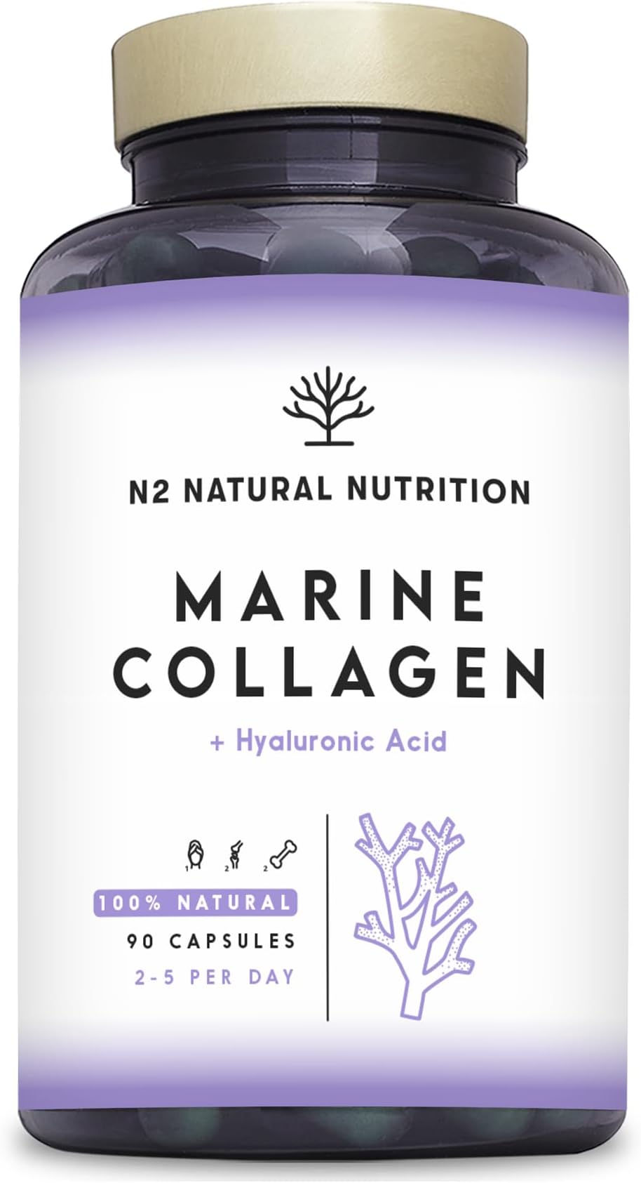 Marine Collagen with Hyaluronic Acid for Skin Care, Hair Care, Joints. Magnesium, Vitamin C. Hydrolysed Collagen Supplements. Anti Aging. Best Collagen PEPTAN. 90 Veggie Caps. EU. N2 Natural Nutrition