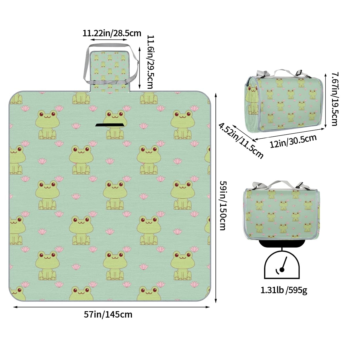 Shimoshe Picnic Blankets 57”x 59”, Lotus Frog Waterproof Sandproof Picnic Mat Lightweight Foldable Beach Blanket for Camping Park Grass Beach Outdoor Blanket