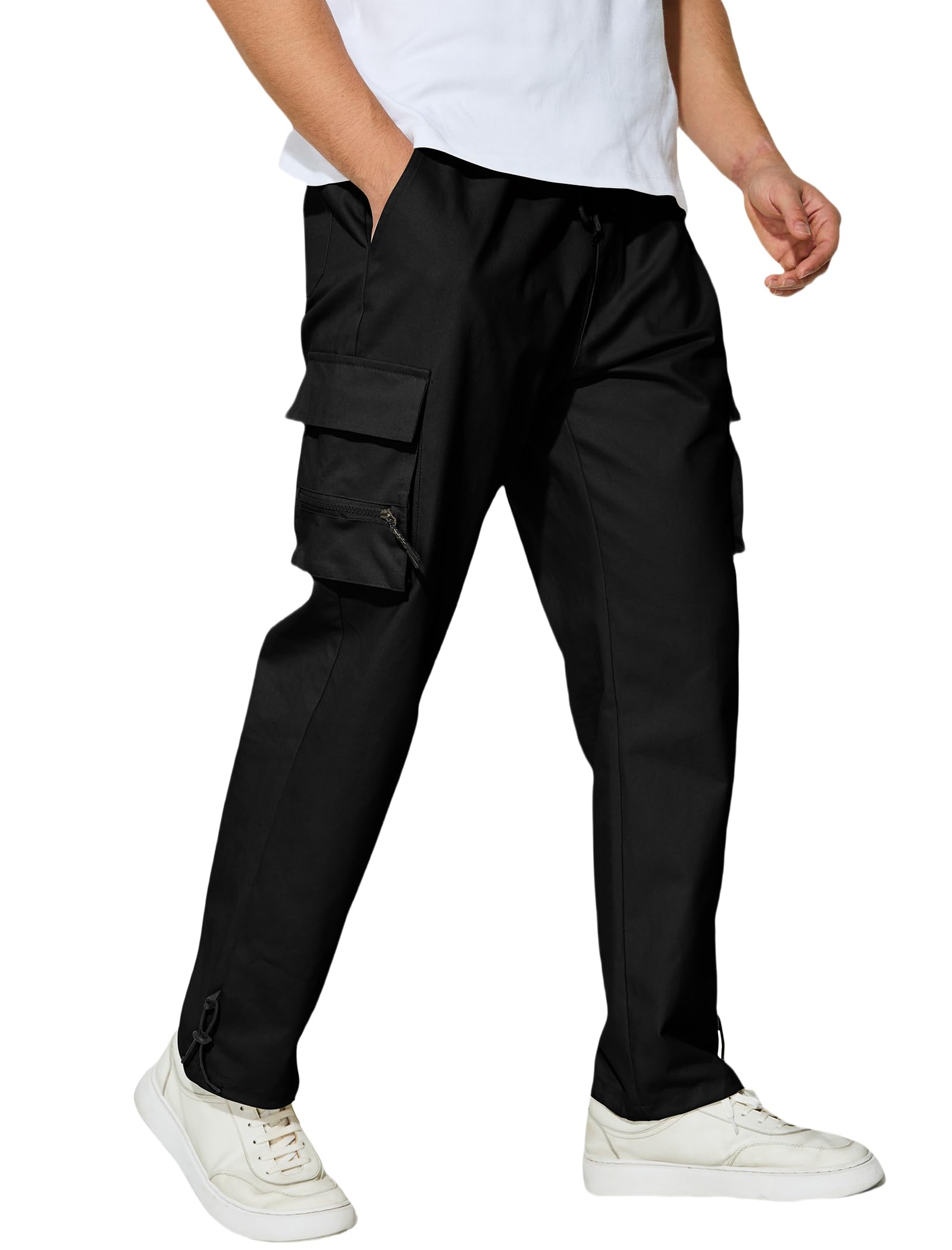Men's Cargo Pants with Pockets Cotton Outdoor Elastic Waist Hiking Pants Casual Baggy Jogger Sweatpants