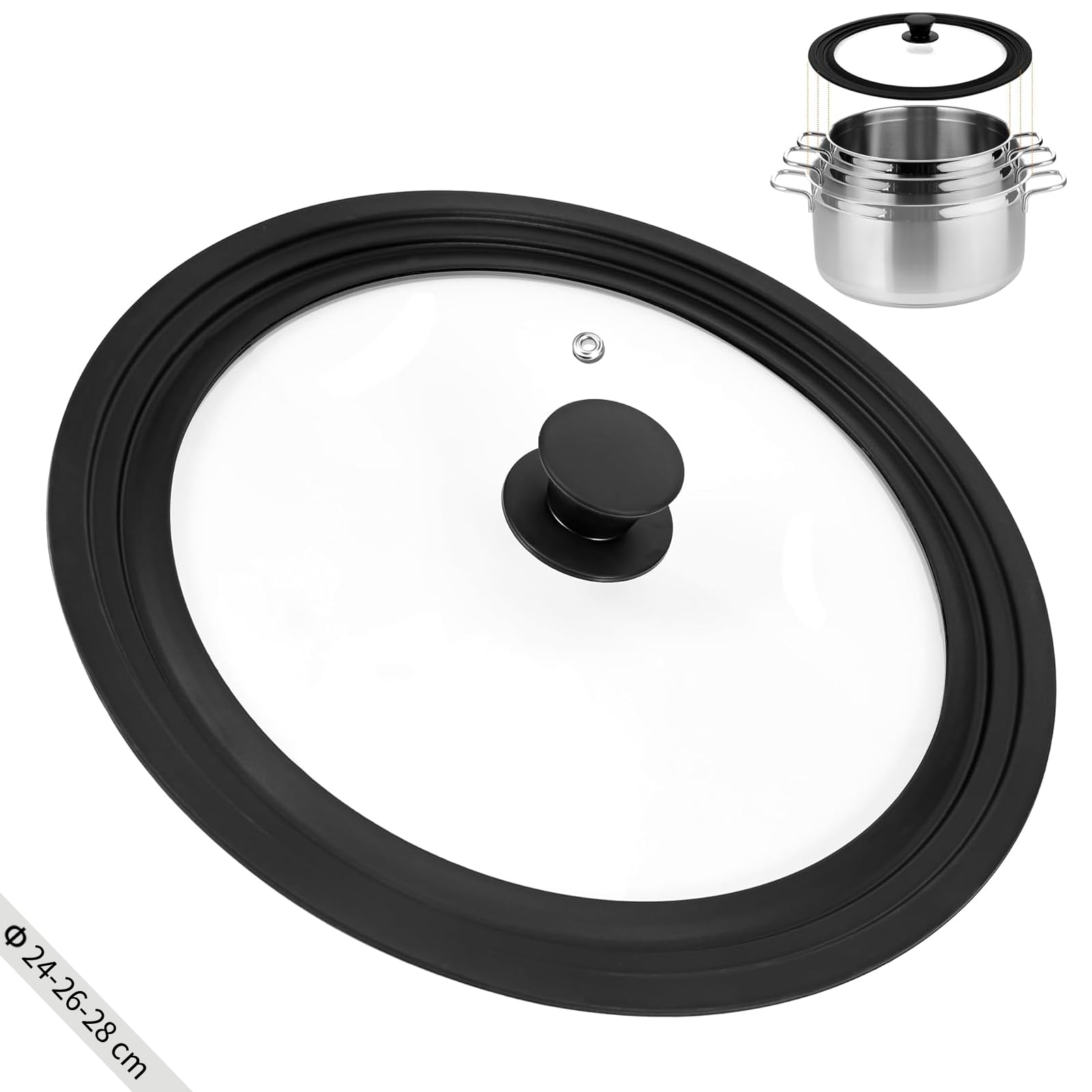 Zocipro Pfannendeckel Universal, Universaldeckel Ø 24-26-28 cm für Pfannen und Töpfe, Pfanne Deckel mit Silikonrand, Universal Glasdeckel, Silikon Topfdeckel 24-28cm für Vielseitiges Kochen