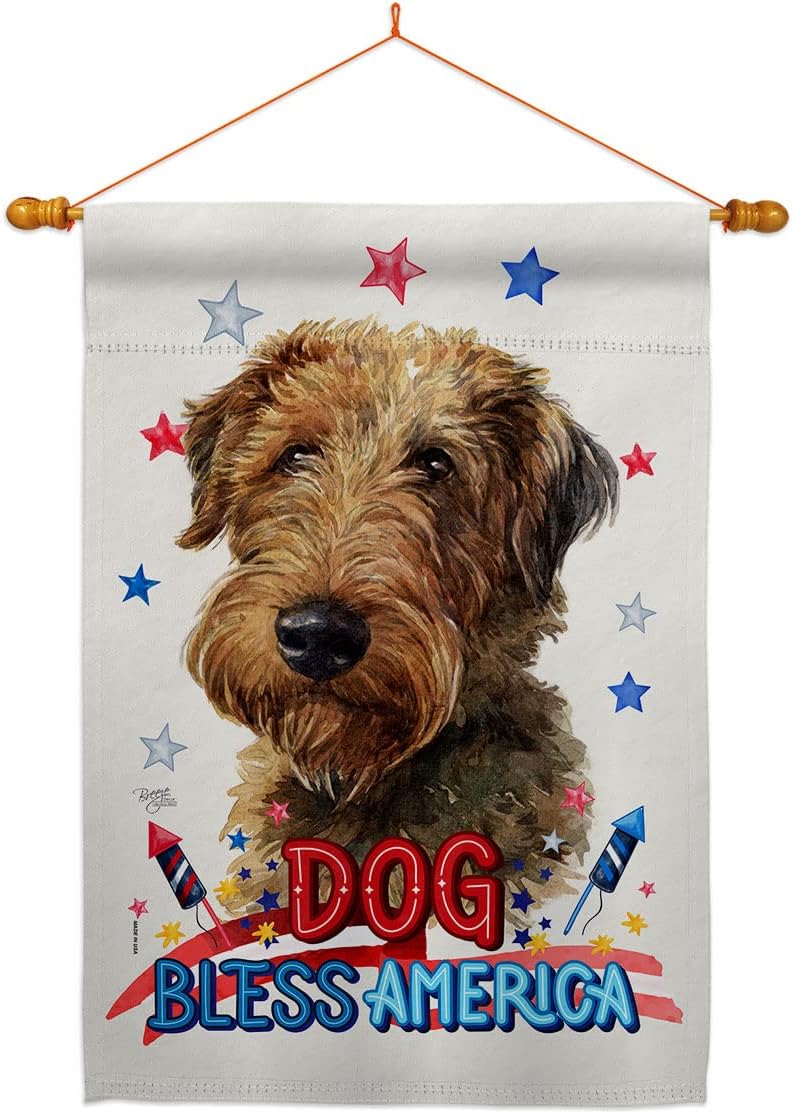 Breeze Decor Patriotic Welsh Terrier House Flag Dowel Set Dog Puppy Spoiled Paw Canine Fur Pet Nature Farm Animal Creature Decoration Banner Small Garden Yard Gift Double-Sided, Made in USA