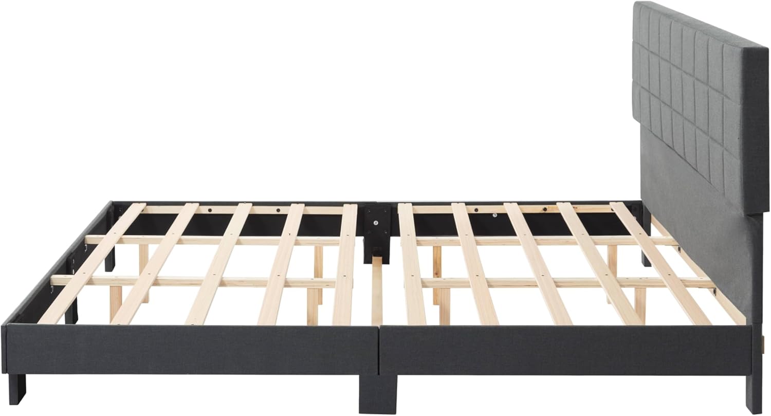 PVWIIK King Size Platform Upholstered Bed Frame Upholstered Headboard and Wood Slats Support,Linen Platform Easy Assemble Bed Frame,Dark Grey