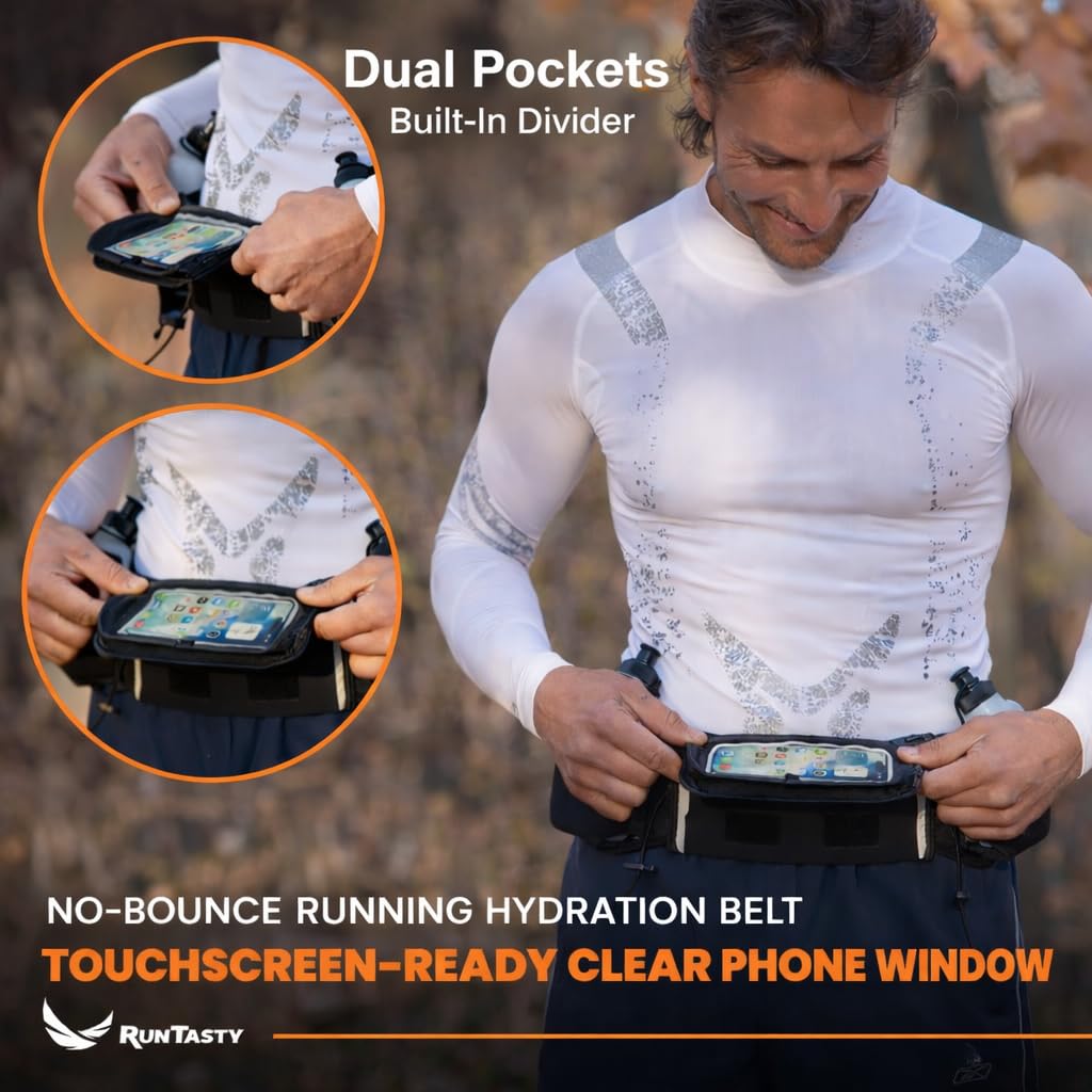 Runtasty, Trinkgürtel für Sieger, Läufer-Trinkgürtel inkl. Zubehör 2 BPA-freie Wasserflaschen und Läufer- E-Book, passend für jedes iPhone, mit Touchscreen-Schutzhülle, Passform ohne Hüpfen und mehr.