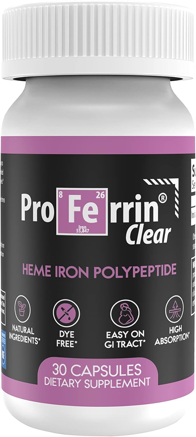 Proferrin Clear 30ct | US Made heme Iron for high Absorption, Easy on GI Tract | Natural, NSF Certified, dye Free